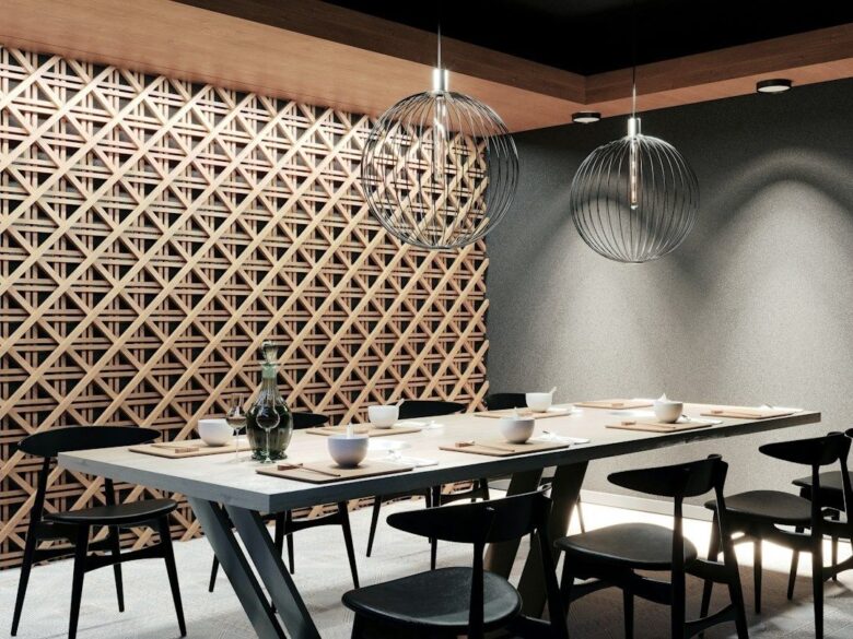 Salle de restaurant avec claustra mural et luminaires suspendus